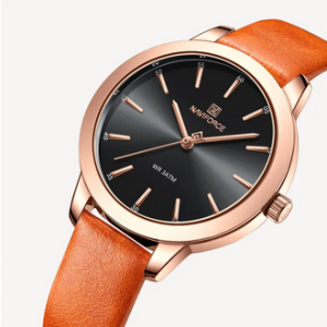 NAVIFORCE NF5024 Orange PU Leather Analog Watch For Women - RoseGold & Orange